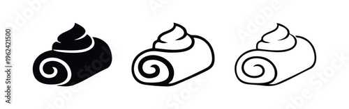 Dessert swiss roll cake with whipped cream icon set. Bakery symbol in solid and outline style.