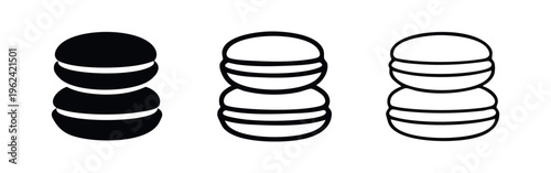 Stacked macaron cookie icon set. French dessert symbol in solid and outline style.