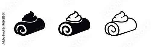 Swiss roll cake with whipped cream icon set. Dessert symbol in solid and outline style.