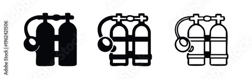Scuba tanks with regulator and hose icon set. Diving equipment symbol in solid and outline style.