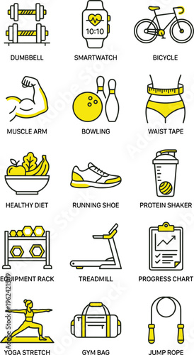 Collection of fitness and exercise icons and objects  various gym and workout related items
