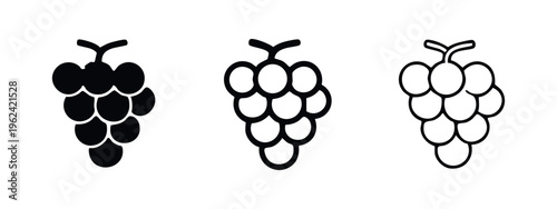 Simple grape bunch icon set. Fruit symbol in solid and outline style.