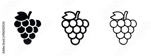 Grape bunch with leaf icon set. Fruit symbol in solid and outline style.