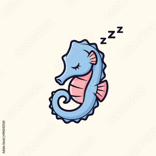 A blue seahorse with a pink belly and fins is sleeping peacefully, indicated by "Z"s. The seahorse curls into itself