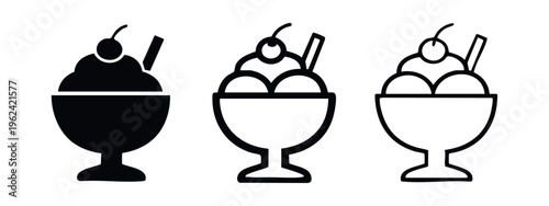 Ice cream sundae icon set. Dessert in a glass, frozen treat, cherry on top symbol in various styles.