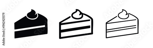 Cake slice icon set. Dessert piece, sweet pastry, birthday cake symbol in various styles.