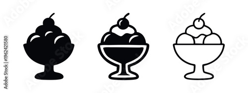 Delicious ice cream sundae icon set. Sweet frozen dessert with cherry and cream in various styles.