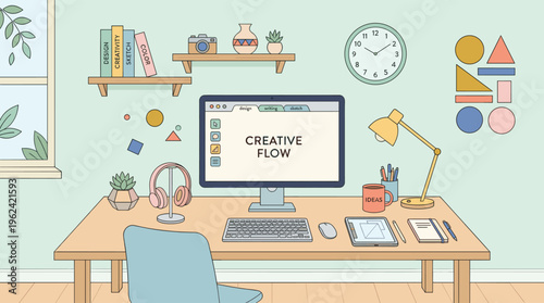 Creative workspace with computer and office supplies on desk