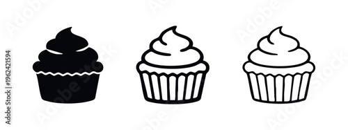 Sweet cupcake icon set. Baked dessert with swirling frosting and liner in different styles.