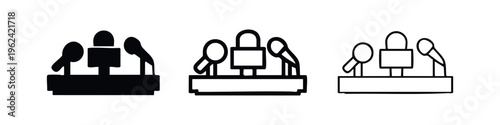 Press conference microphones icon set. Media event symbol for news, public speaking, and broadcast designs.