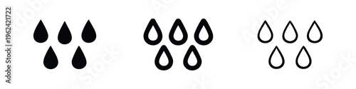 Rain drops icon set. Water droplet symbol collection for weather, liquid, and nature related designs.