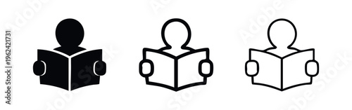 Person reading book icon set. Student learning symbol for education, knowledge, and library designs.