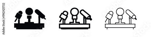 Press conference microphones icon set. News media event symbol for public speaking and journalism topics.