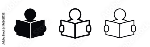 Person reading book icon set. Student learning symbol for education, knowledge, and library designs.