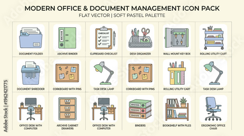 Modern office document management icons flat soft pastel palette