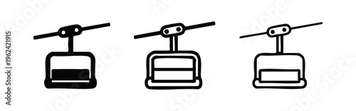 Ski lift gondola icon set. Winter transport symbol in solid, outline, and line art vector styles.