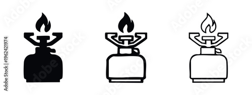 Portable Camping Gas Stove Burner Icon Set. Outdoor Cooking Equipment.