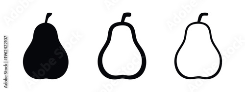 Simple Pear Fruit Icons Set. Whole Fruit Silhouette and Outline Illustrations.