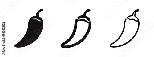 Simple Chili Pepper Icons Set. Hot Spice Silhouette and Outline Illustrations.