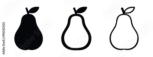 Simple Pear Fruit Icons Set with Leaf. Whole Fruit Silhouette and Outline Illustrations.
