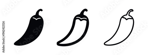 Modern Chili Pepper Icons Set. Hot Spice Silhouette and Outline Illustrations.