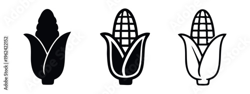 Fresh Corn on the Cob Vector Icons: Solid, Outline, and Line Art Style for Agricultural Themes