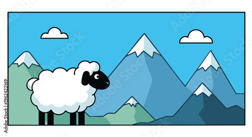 A cartoon scene featuring a sheep looking right at the viewer, against a backdrop of mountains and clouds, all within a border
