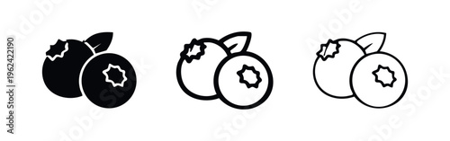 Blueberry with leaves icon set. Natural berry fruit symbol. Fresh healthy dessert elements.