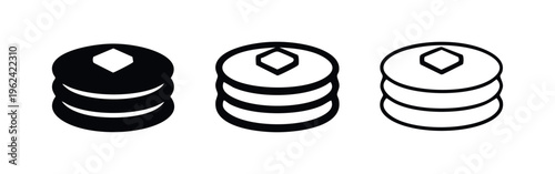Stack of pancakes with butter icon set. Vector breakfast food symbol in glyph and line art style on white background.
