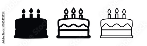 Birthday cake icon set with candles. Celebration dessert vector illustration.
