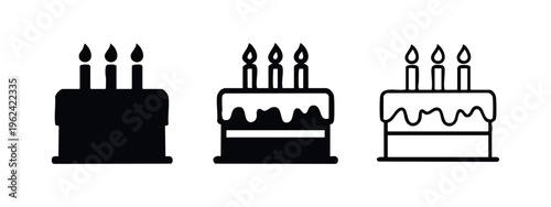 Birthday cake icon set with candles. Celebration dessert vector illustration.