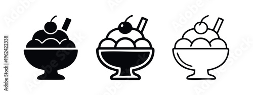 Ice cream sundae icon set. Dessert in a bowl with cherry and wafers vector illustration.
