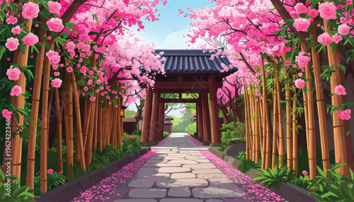 Japanese entry, bamboo, roses, cherry bloom, stone path. Spring portal, petals, timber roof, serene walkway. Zen approach, floral trunks, courtyard, tranquil passage