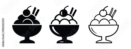 Ice cream sundae icon set. Dessert in a bowl with cherry and wafers vector illustration.