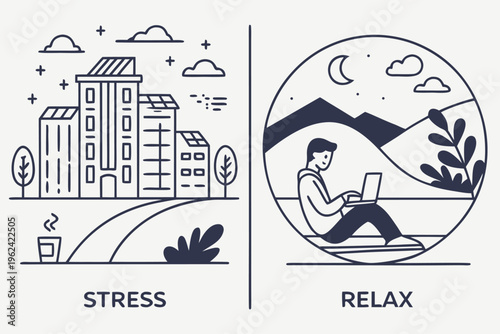Concept of stress vs relax with city and nature scenes, flat vector illustration
