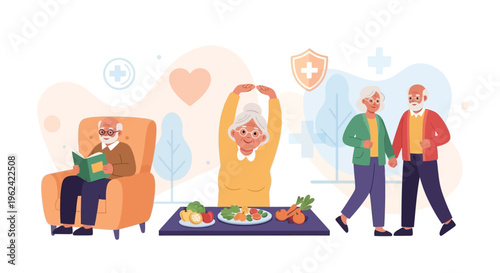 Healthy Senior Lifestyle: Active Elderly Reading, Exercising, Eating Well, and Walking for Wellness & Optimal Well-being