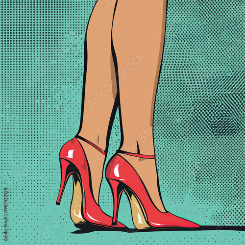 Female legs wearing glossy red high heel shoes standing on blue dotted textured background pop art style vector illustration with retro minimalist flat design