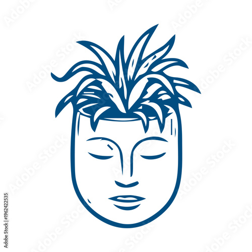 Hand drawn sketch of a houseplant in a face-shaped pot, minimalist botanical illustration with human head planter