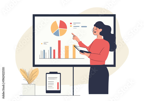 Businesswoman presenting statistical data with colorful pie chart and bar graph on digital screen in minimalist office setting vector illustration