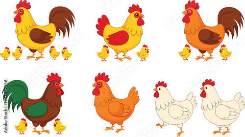 Illustration of Colorful Roosters and Hens with Chicks, Vector for Farm, Animal, and Poultry Designs