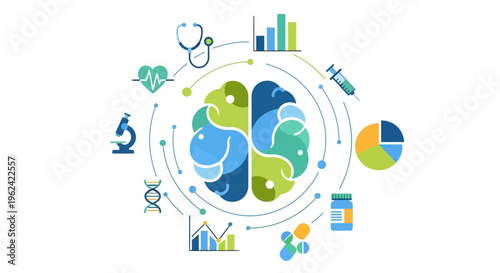Brain with Medical & Scientific Icons: Healthcare Innovation, Research, and Data Analysis Concept
