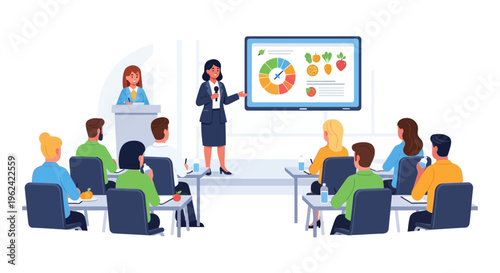 Healthy Lifestyle & Nutrition Seminar: Female Speaker Presents Data to Diverse Engaged Audience in Corporate Training Setting