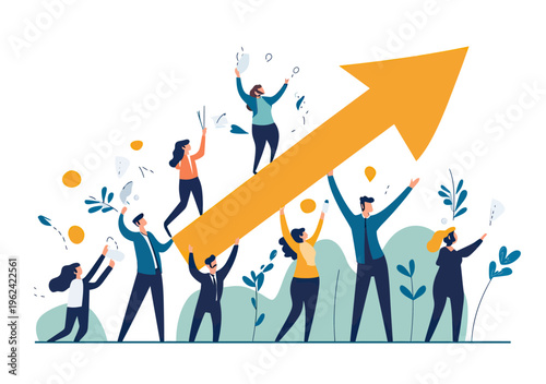 Business team celebrating upward growth success with large yellow arrow rising, teamwork and achievement concept flat vector illustration