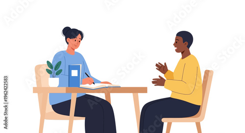 Professional Conversation: Woman Taking Notes During Interview, Counseling, or Business Meeting Illustration.