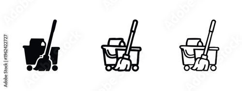 Cleaning Service Cart with Mop and Bucket Icon Set - Housekeeping and Janitorial Supplies