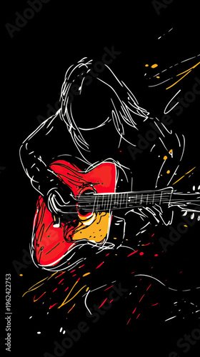 Hand drawn minimalist vector illustration of guitar player performing with vibrant red acoustic guitar on black background for music and entertainment concept