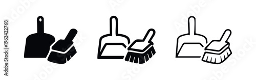 Dustpan and Brush Cleaning Icon Set - Housekeeping and Tidying Tool Symbol