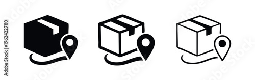 Delivery Box with Location Pin Icon Set. Package Tracking and Shipping Destination Symbol.