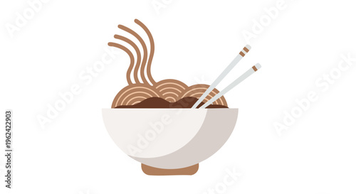 A flat-design illustration features a bowl of noodles with chopsticks. The noodles are brown, and chopsticks rest on it. All set against white