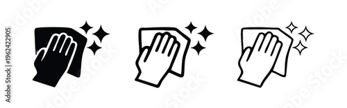 Hand wiping a sparkling clean surface icon set. Impeccable hygiene and polished finish symbol.